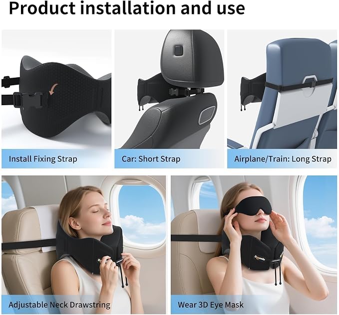 Patented Head-Bobble-preventing Ergonomic 360° Supporting Golden Formula Memory Foam Travel Neck Pillow w/3D Contoured Eye Mask Set Long Trip Sleeping Essentials for Airplane Flight Car Bus