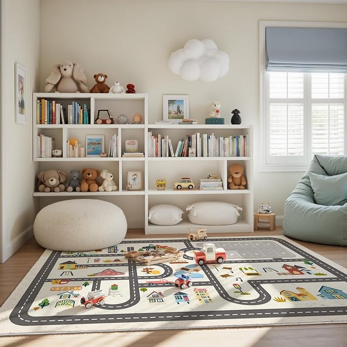 Nayoroom Kids Town Road Playroom Rug, Faux Wool Car Map, Non-Slip, 5 x 7 ft | Interactive town road map; Community scenes; Soft faux wool surface; Non-slip backing; Easy-care room accent