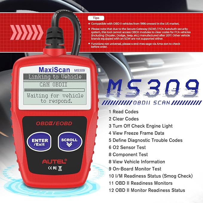 Autel OBD2 Scanner MS309 Universal Car Engine Fault Code Reader, Check Engine Light and Emission Monitor Status, OBDII CAN Diagnostic Scan Tool