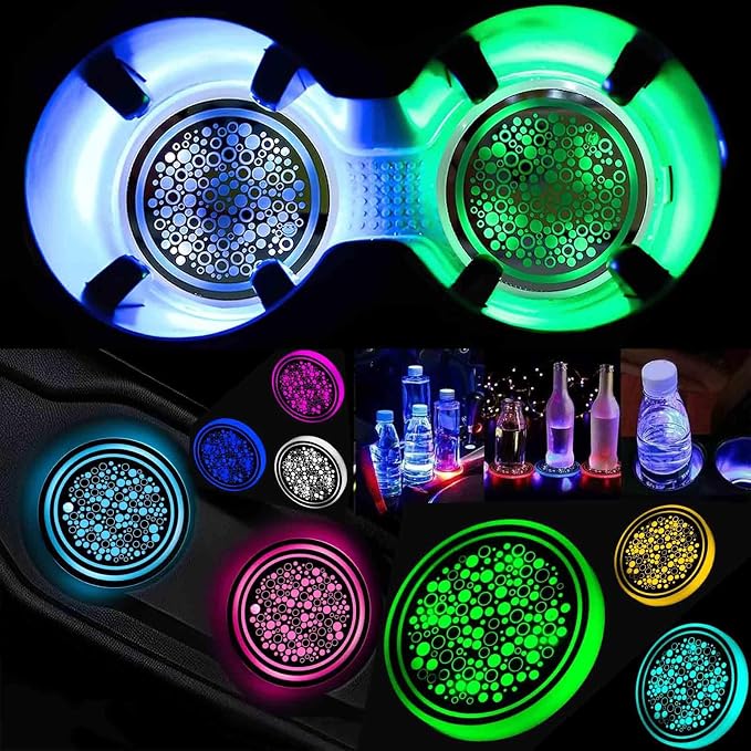 2PCS LED Car Cup Holder Lights, Light up Car Coasters for Cup Holders 7 Color-Changing Light Up Cup Holder Insert Coasters, Waterproof Car Accessories for Teens, Car Gifts for Men & Women