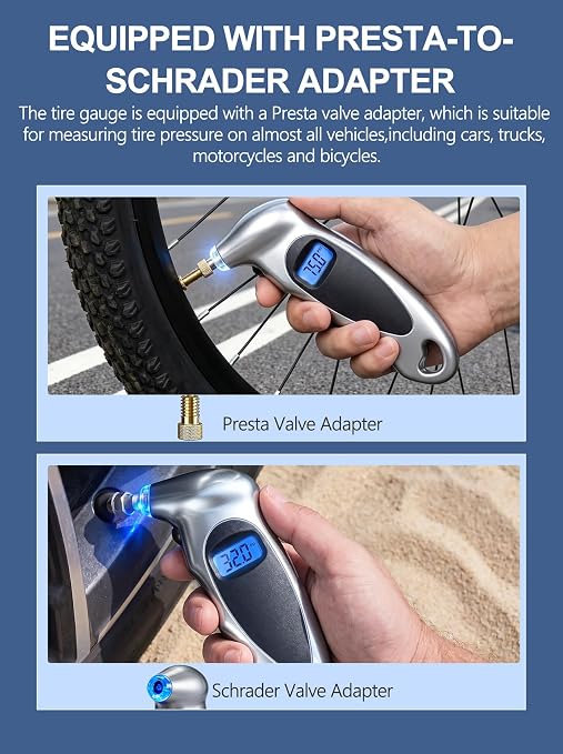 Digital Tire Pressure Gauge 150 PSI, Accurate in 0.1 Increments,1 Pack Tire Pressure Gauge with Backlight LCD, 4 Units (PSI/Bar/Kgf/cm²/KPA) Applicable to Car Truck Bicycle, Silver