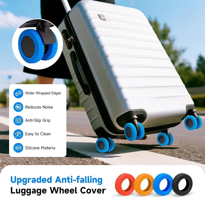 2026 Upgraded 8 Pcs Luggage Wheel Covers, Silicone Protective Covers for 2-2.4" Suitcases Spinner Wheel, Wear-Resistant, Anti-Noise, Thickened Protector, Travel Accessories (Blue)