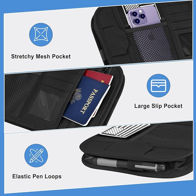 HUANLANG Car Sun Visor Organizer, Tactical Car Accessories with Zipper Storage Pouch, Glasses Clip Card Sleeve Pocket, Multi-Pocket Visor Organizer Fits Most Cars, SUVs, Trucks