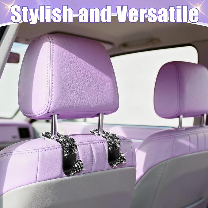 BFXM 6 Pack Bling Car Seat Headrest Hooks, Car Accessories for Women, Rhinestone Purse Hook for Car, Universal Storage Organizer for Handbag Grocery Bags Coats (Bling Black)