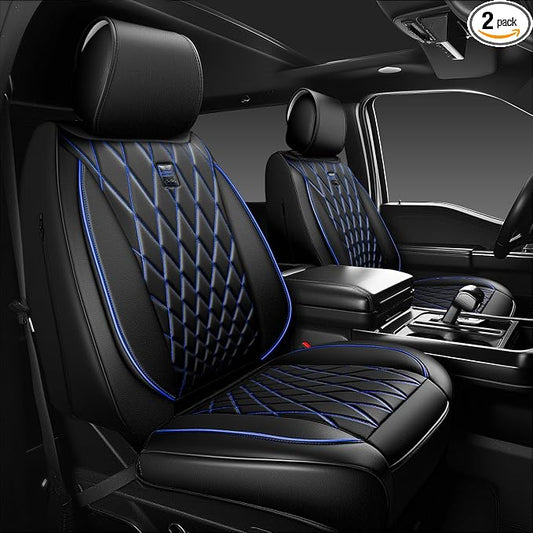 CAR PASS Luxury PU Leather Two Front Car Seat Covers, Waterproof Seat Covers Compatible with Front Seat Armrests, Airbag Compatible Anti- Slip Universal Fit for Cars Suvs Vans Trucks Black Blue
