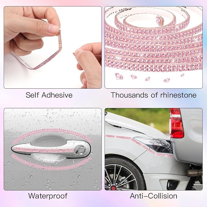16.4Ft Bling Car Trim Self Adhesive Bling Rhinestone Car Accessories for Women Glitter Crystal Rhinestone Cars Interior Exterior Accessories Sticker DIY Cars Dashboard Diamond Decor for Women (Pink)