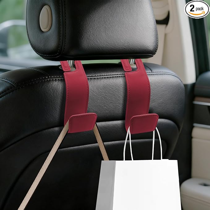 2PCS Car Seat Headrest Hooks, Purse Hook for Car, Automotive Headrest Handbags Holder, Auto Accessories Leather Seatback Organizer Hanger for Hanging Purses Bags Coats (Red, 2PCS)