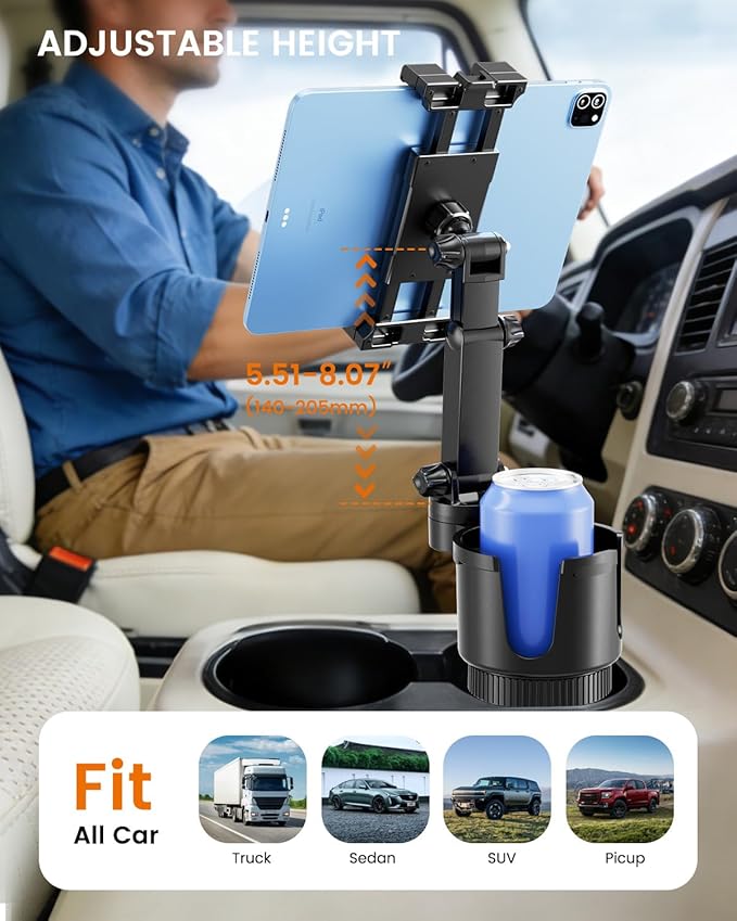 OHLPRO Cup Holder Tablet Mount for Car, Anti-Shake iPad Stand with Drink Holder Fits 5-17" iPad, Tab S10, iPhone, Heavy Duty Truck Vehicle Auto Accessories, Dual Handle Slots Large Mugs