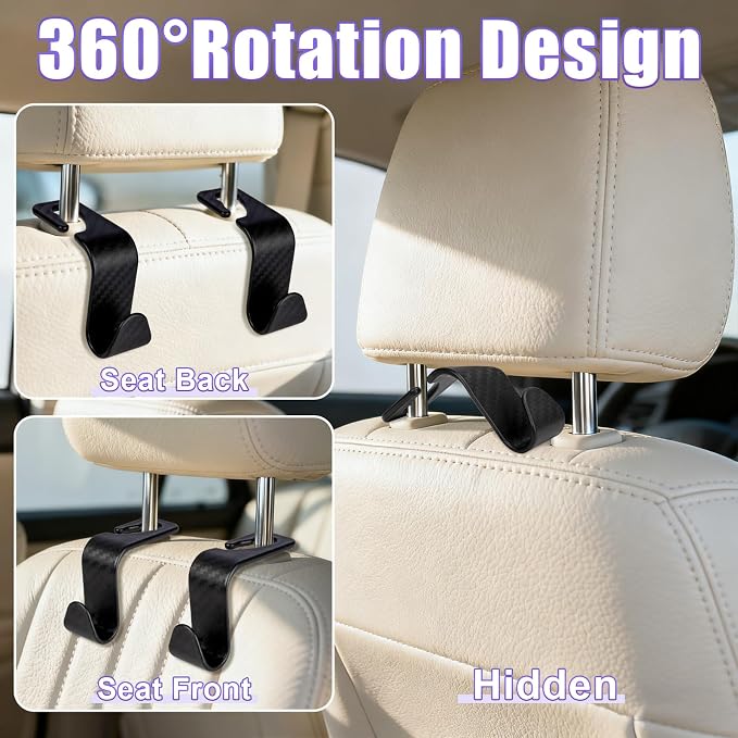 BFXM 6 Pack Car Seat Headrest Hooks, Car Accessories for Women Men, Back Seat Purse Hanger Holder Hook, Universal Storage Organizer for Handbag Grocery Bags Coats (Black Checkered)