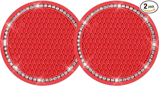 Yousheng Bling Car Cup Coasters, Crystal Car Cup Holder Coaster, Rhinestone Universal Vehicle Anti Slip Car Insert Coaster, Suitable for Most Car Interior, Car Bling Accessories for Women, Red