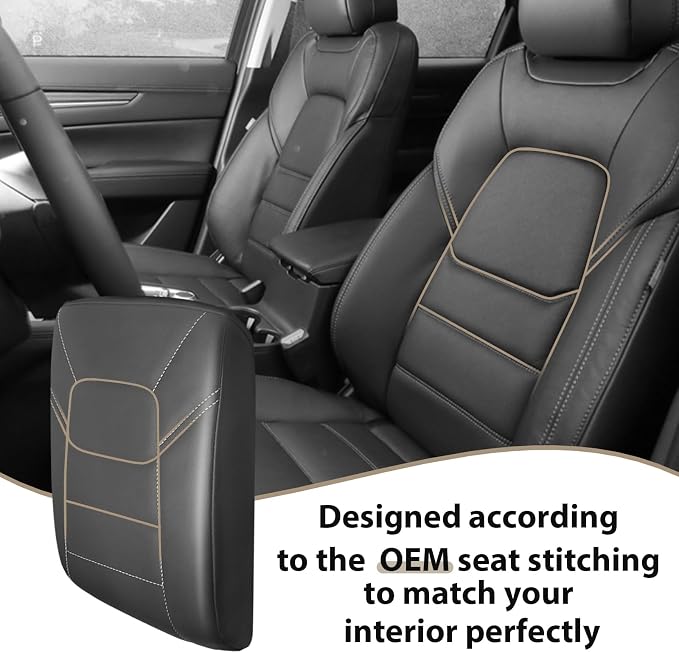 Muslogy Center Console Armrest Cover Fit for Mazda CX-5 CX5 2017-2025 Accessories, Comfort Armrest Pad Console Lid Cushion Vegan Leather Regular Thick (Black/White Trim)