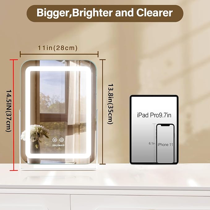 halumao 14.5" Rechargeable Vanity Mirror with Lights, 3500 mAh Lighted Makeup Mirror, Smart Touch 3 Colors Dimmable, Tabletop Mirror for Makeup Desk, Memory Function