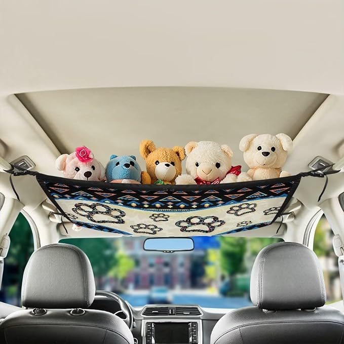 Dreaweet Boho Car Ceiling Cargo Net Pocket Storage Net 31" x 24" Dog Paw Car Roof Top Cargo Net for SUV Mini Van Truck Sedan Car Storage Organizer Net