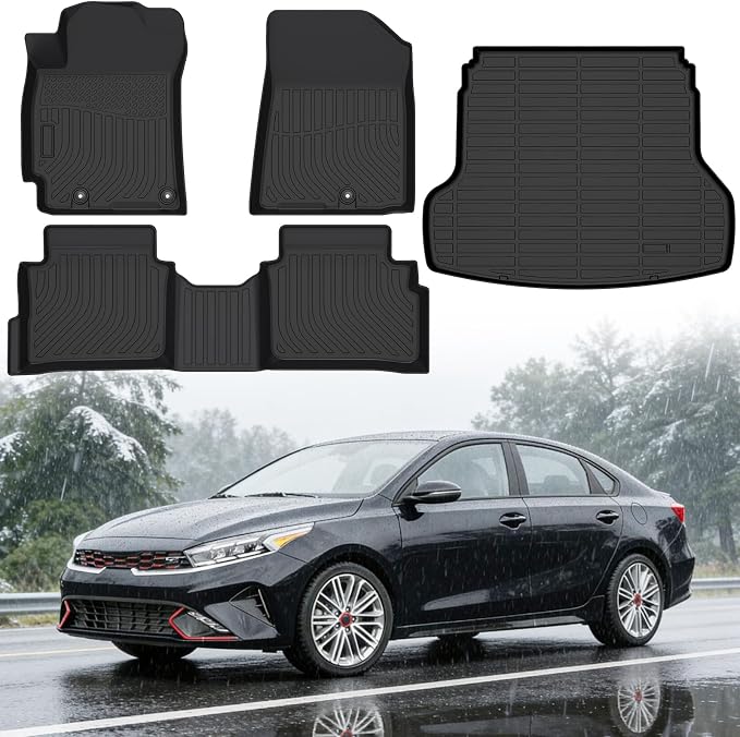 Floor Mats for Kia Forte S/EX/FE/LX/LXS/GT/GT-Line 2019-2026 | Custom Fit Heavy Duty TPE All Weather Protection, Waterproof Non-Slip Black (Two-Row Floor Mats & Cargo Liner)