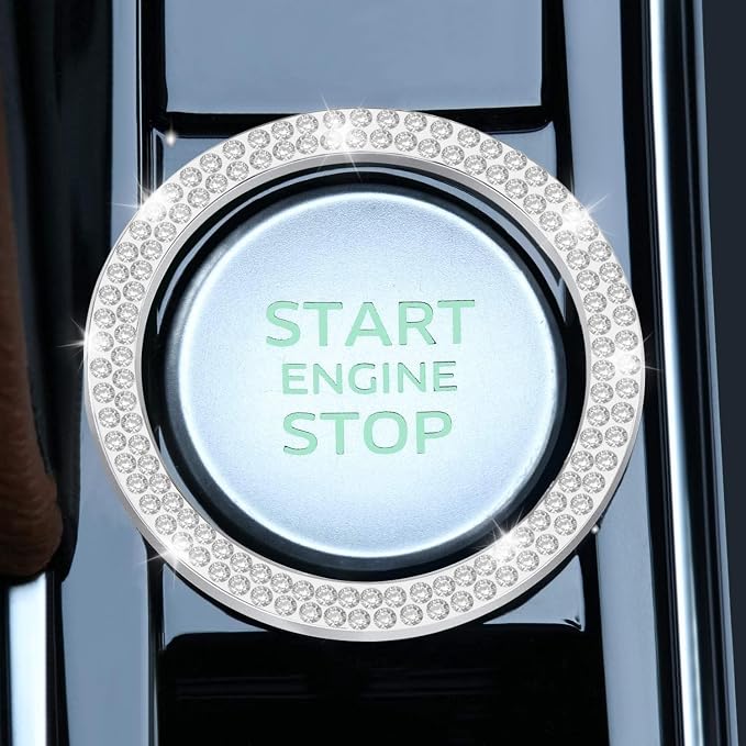 LivTee 2 PCS Crystal Double Rhinestone Car Engine Start Stop Decoration Ring, Bling Car Interior Accessories for Women, Push to Start Button Cover Sticker, Automotive Decals, White