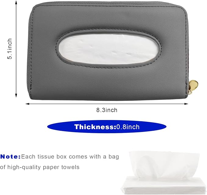 Car Tissue Holder, PU Leather Auto Sun Visor Tissue Case Napkin Holder with Zipper, Rectangular Mask Dispenser Hanging Paper Towel Organizer for Cars SUVs Trucks RVs (Gray)
