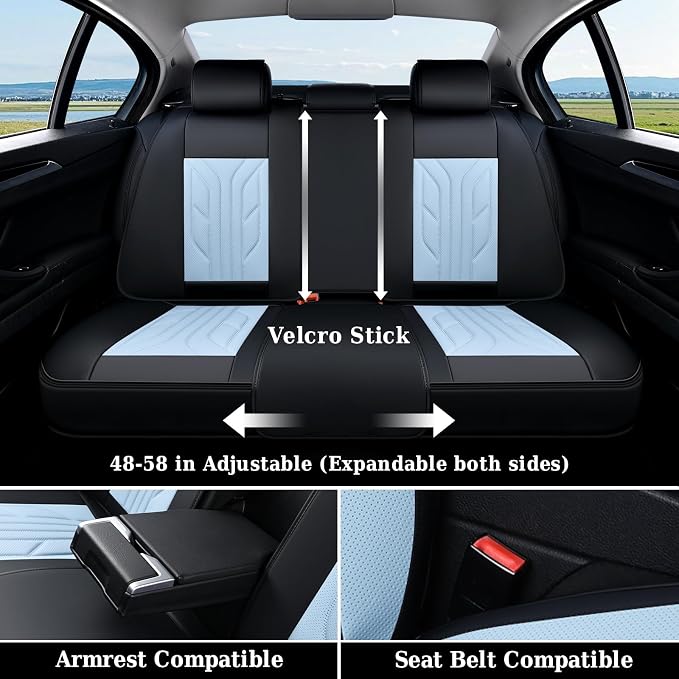 Coverado Car Seat Covers Full Set, Automotive Seat Covers Car Seat Protector Car Seat Cushion, Waterproof Leather Seat Covers for Cars, Universal Fit for Most Sedan SUV Pick-up Truck(Black&Light Blue)