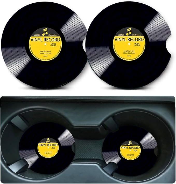 2 Pack Retro Vinyl Record Car Cup Holder Coasters Universal Neoprene Mat | 2.75" Universal Size Anti Slip Rubber Mat, Auto Cup Holder Accessories for SUV Truck, Retro Vinyl Record Gifts for Women Men