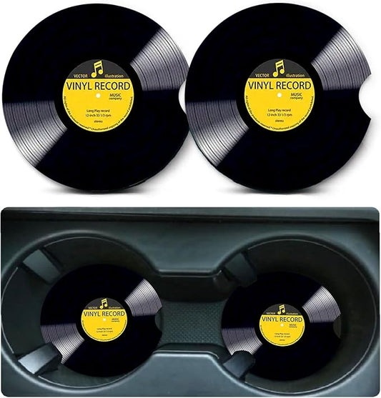 2 Pack Retro Vinyl Record Car Cup Holder Coasters Universal Neoprene Mat | 2.75" Universal Size Anti Slip Rubber Mat, Auto Cup Holder Accessories for SUV Truck, Retro Vinyl Record Gifts for Women Men