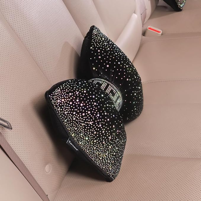 Carwales Bow Neck Support Pillow for Driving Seat Travel Head Rest Sparkly Bling Car Accessories Sparkly Rhinestone Headrest Black 2pcs for Women Men