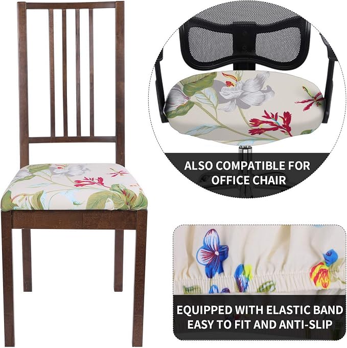 SearchI Seat Covers for Dining Room Chairs Stretch Printed Chair Seat Covers Set of 6, Removable Washable Upholstered Chair Seat Protector Cushion Slipcovers for Kitchen, Office(Beige+Flowers)