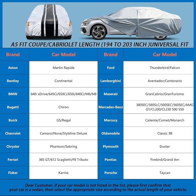 10-Layer Waterproof Sports/Coupe/Cabriolet Car Cover. | All Weather Full Outdoor Covers. Dodge Challenger, Sebring, Firebird Etc. Size A5 (Length 194 to 203 inch)