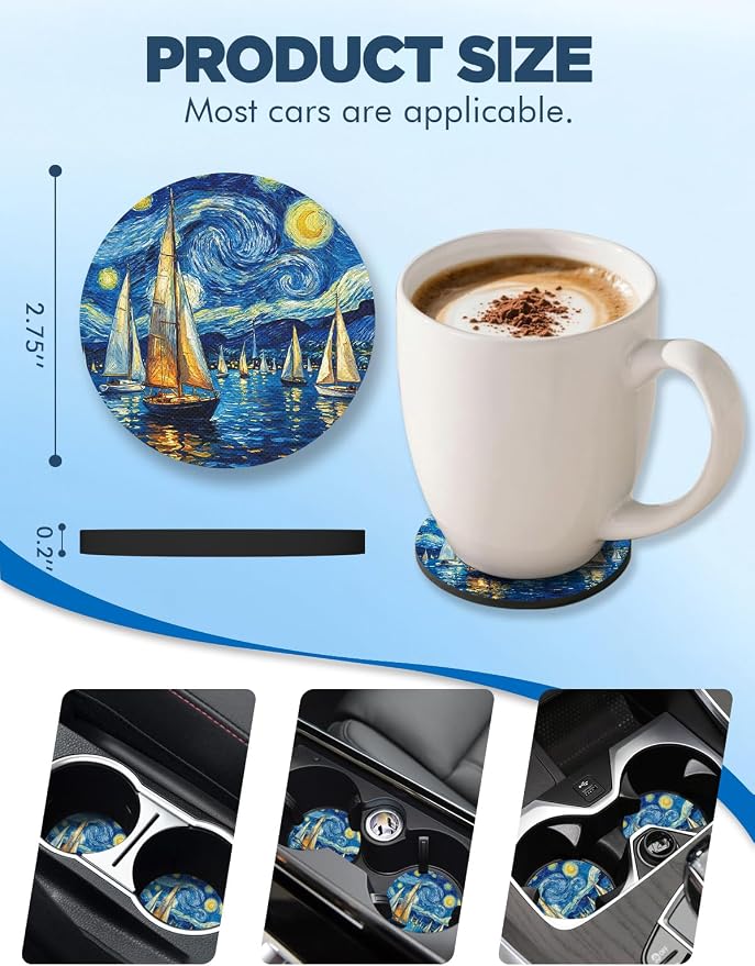 WOCOCN Car Coasters for Cup Holders - 2 Pack 2.75" Universal Rubber Car Cup Coaster, Non-Slip Waterproof Car Interior Accessories, Cute Car Decor Gifts for Women and Men (Sailboat)