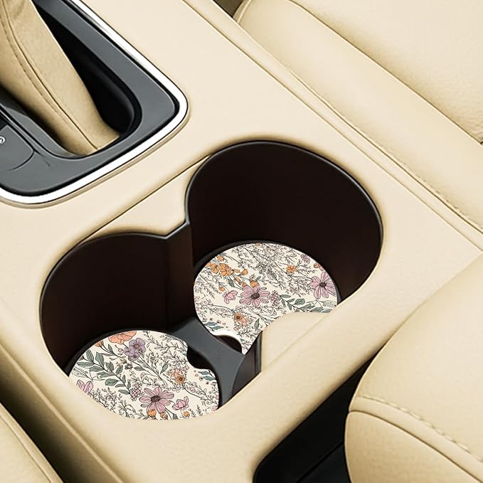 Ceramic Car Coasters – Absorbent Car Cup Holder Coaster Set for Women, Cute Aesthetic Car Accessories for Girls, 2 Pack (Sandstone)