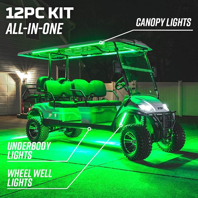 LEDGlow 12pc Million Color LED Golf Cart Underglow Kit for 12V 6-Seater | Includes Canopy, Wheel Well & Interior Tubes, Accent Neon Lights Fit EZGO Yamaha Club Car ICON Limo, 10 Colors, 16 Modes