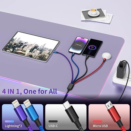 Dual IP 4 in 1 Multi Charging Cable, 1 Pack 5FT USB Charging Cord | IP/IP, USB C & Micro Ports, Nylon Braided Phone Charger Cable for Multiple Devices, Car & Travel Essentials
