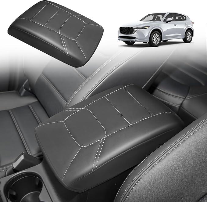 Muslogy Center Console Armrest Cover Fit for Mazda CX-5 CX5 2017-2025 Accessories, Comfort Armrest Pad Console Lid Cushion Vegan Leather Regular Thick (Black/White Trim)