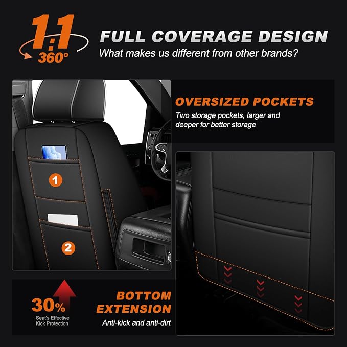 AOMSAZTO Truck Seat Covers for Chevy Silverado/GMC Sierra 1500 (2007-2013) 2500HD/3500HD (2007-2014) - Black with White Trim Faux Leather Car Seat Cover Full Set(Rear 40/60 Split for Crew Cab)