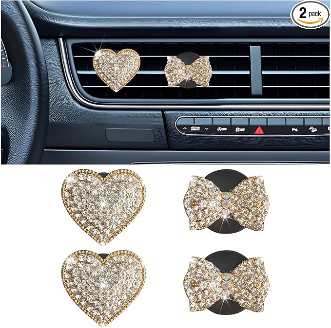 Bling Car Air Vent Clip, 2PCS Crystal Rhinestone Diamond Automotive Heart Shape Clip Charm, Cute Sparkling Vehicle Interior Decoration Accessories, Universal for SUV Sedan Trucks (Gold)