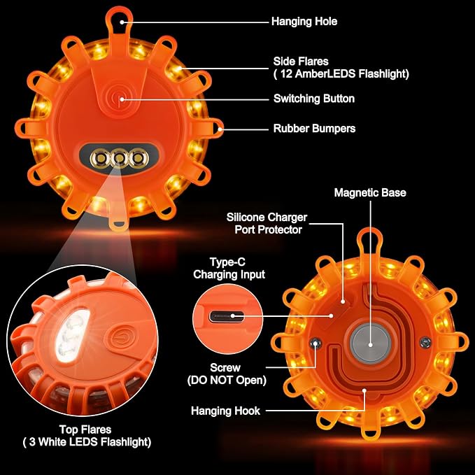 Tobfit 4 Pack Rechargeable LED Road Flares Roadside Emergency Car Kit, Emergency Lights for Vehicles Flashing Flare Beacon Disc with Magnetic Base & Hook, Carrying Bag, Type-C USB Cable Included
