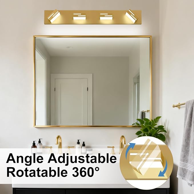 LED Modern Bathroom Vanity Light Fixtures, Dimmable Gold Vanity Lights for Bathroom Lighting Fixtures Over Mirror, with 360° Rotatable Heads 4-Light 30-inch (Cool White 6000K)