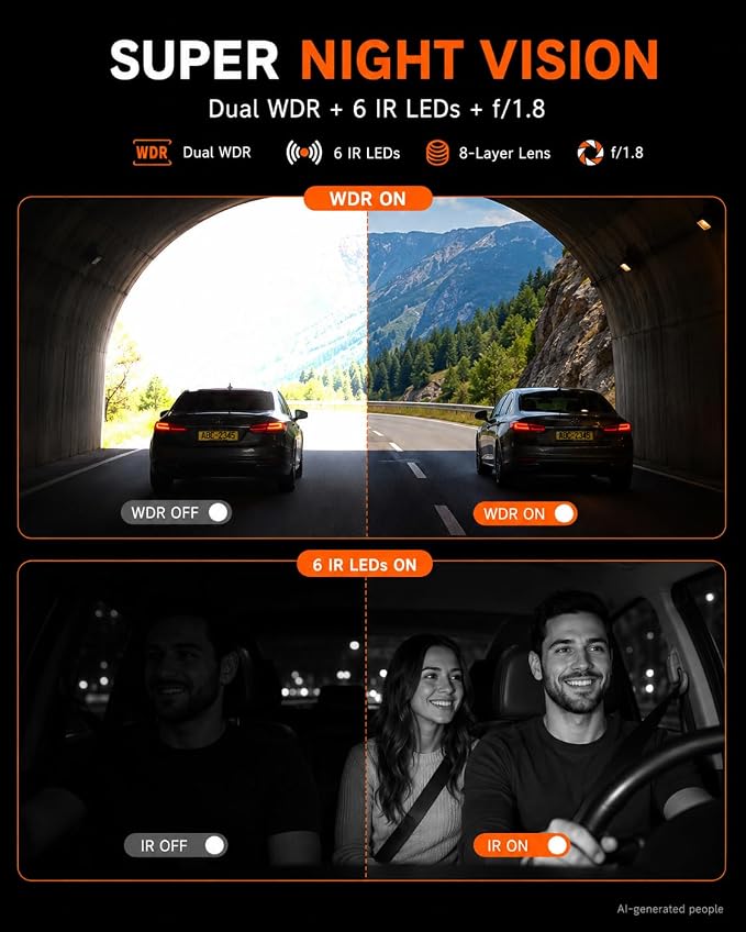360° Dash Cam Front and Inside 4K+2.5K, 2 Channel Dashcam for Car | 185° Cabin Fisheye Car Camera with Night Vision, WiFi APP, GPS, G-Sensor, Parking Mode and 64GB Card Included