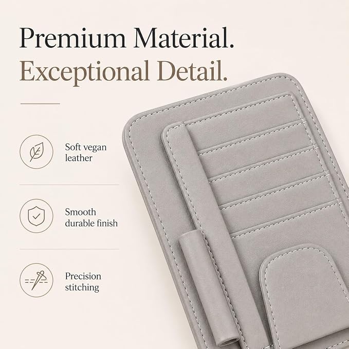 Car Sun Visor Organizer, Grey Premium Vegan Faux Leather Visor Storage Pouch for Cards, Cash, Receipts, Parking Permits and Glasses, Universal Fit for Cars, SUVs, Trucks, RVs and Golf Carts