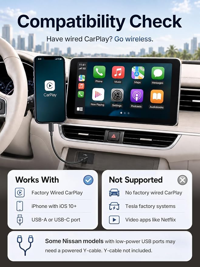 Wireless CarPlay Adapter for Apple Daily Commute, Wired to Wireless | Ultra Mini, Cooling Design, Fast Stable Connection, Easy to Set Up, USB C/A, Bluetooth 3s Reconnect, Maps Music Calls