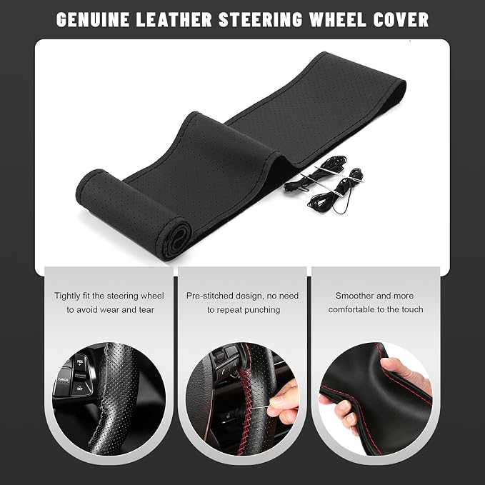 Genuine Leather Steering Wheel Cover, 15 Inch Stitch on Steering Wheel Protector with Needle & Thread, Anti-Slip DIY Sewing Wheels Wrap for Most Vehicles (Black, Full Hole)