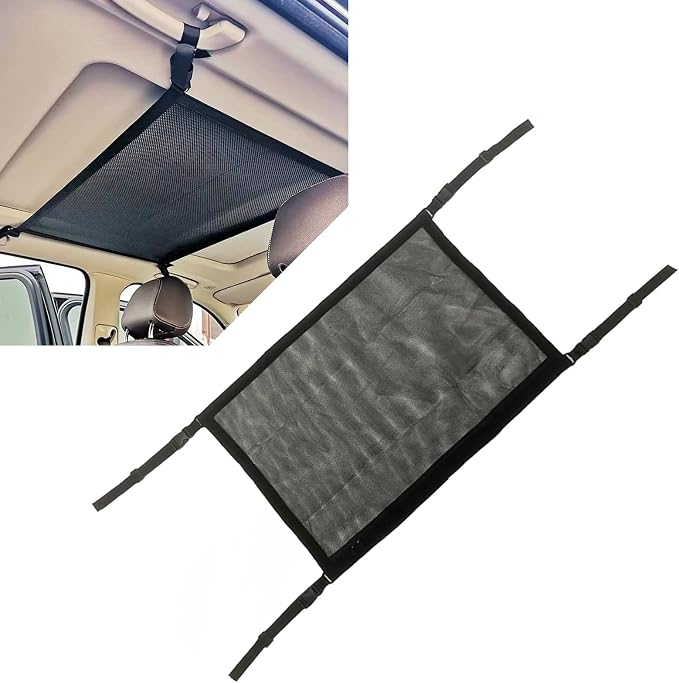 Pack-1 Hang Car Ceiling Cargo Net Replacement, 35.43In x 25.59In Adjustable Vehicle Storage Net Pocket with Zipper Buckle, Universal Durable Automotive Ceiling for Truck SUV Car (Black)