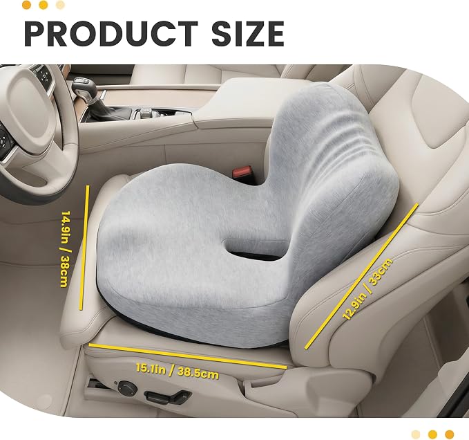 Urban Deco Memory Foam Seat Cushion for Office Chair - Sciatica Pain Relief Coccyx Cushion for Tailbone Pain - Orthopedic Gel Seat Cushion for Car & Desk - Non-Slip Bottom with Breathable Cover, Grey