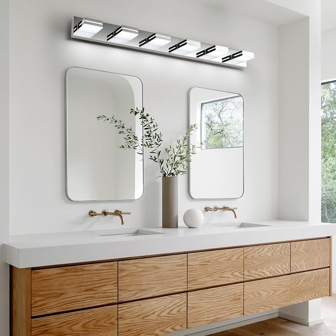 SineRise LED Modern Bathroom Vanity Light Fixtures (6-Light, 48-Inch, Dimmable), Chrome Modern Acrylic Bathroom Wall Lighting Fixtures Over Mirror (Cool White 6000K)