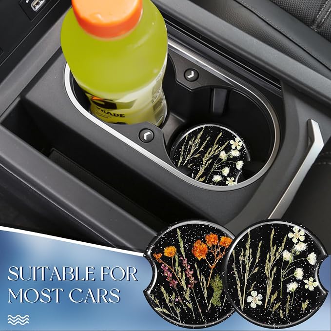 Swooflia Flower Car Cup Holder Coasters for Women - 2.75 Inch Cute Resin Clear Automotive Drink Cupholder Insert Car Accessories 2 Pack Black White
