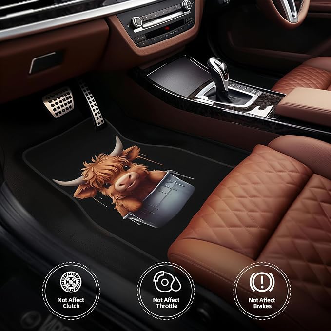 Universal Fit Car Floor Mats Set of 4Pcs, Highland Cow Print All-Weather Front Rear Car Carpet Mats, Non-Slip Car Floor Mat Car Accessories for Automotive Trucks SUV Sedans Vans