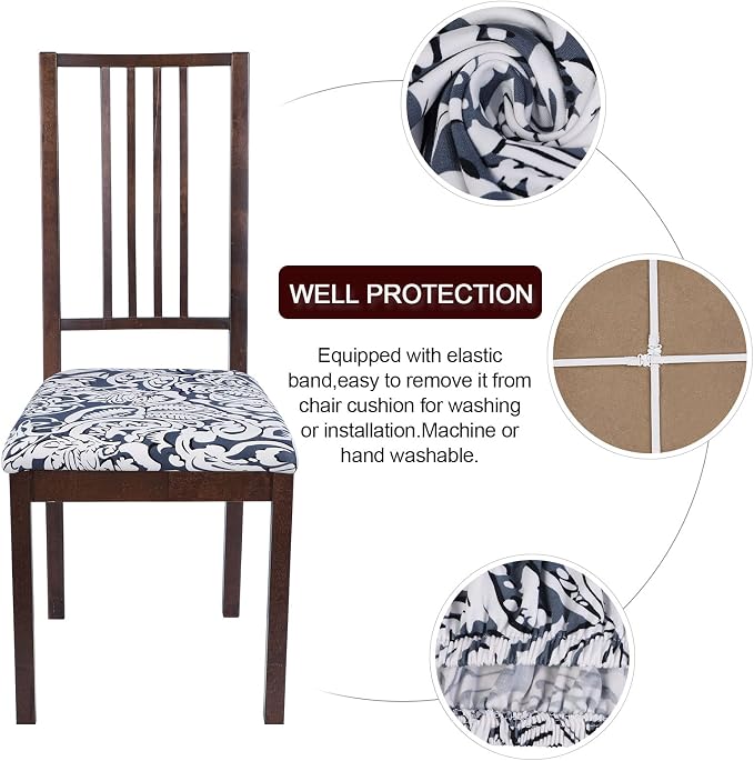 SearchI Seat Covers for Dining Room Chairs Stretch Printed Chair Seat Covers Set of 6, Removable Washable Upholstered Chair Seat Protector Cushion Slipcovers for Kitchen, Office(Flowers Pattern9)