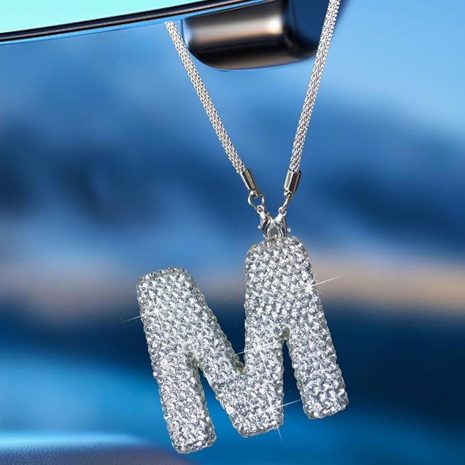 Bling Car Letter Charm, Rear View Mirror Ornament Cute Hanging Crystal Pendant Bling Car Accessories, Lucky Diamond Rhinestone Women Charm Auto Decoration (White M)