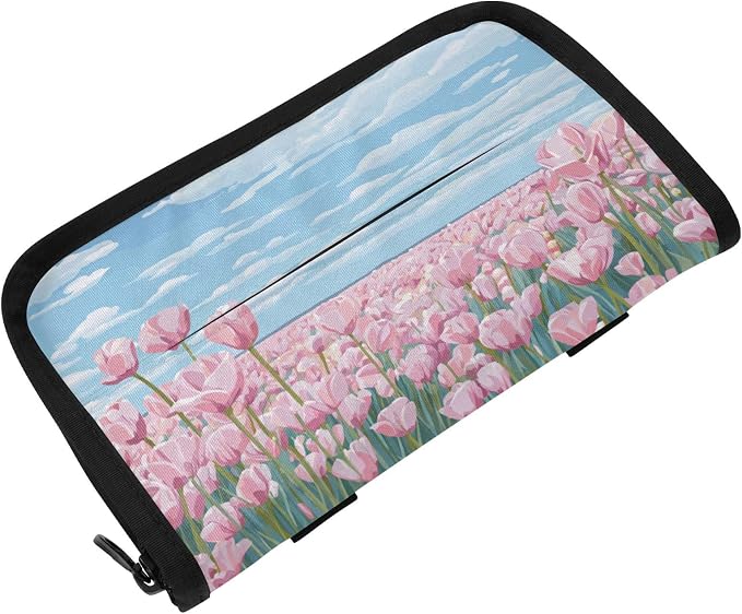 Car Visor Tissue Holder Mask Holder for Car, Car Tissue Box Sun Visor Napkin Holder Car Visor Accessories Adjustable Straps Reusable Durable Easy to Install Pink Tulip Field and Blue Sky