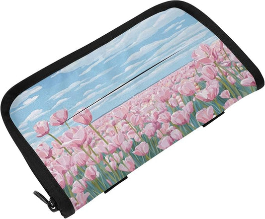 Car Visor Tissue Holder Mask Holder for Car, Car Tissue Box Sun Visor Napkin Holder Car Visor Accessories Adjustable Straps Reusable Durable Easy to Install Pink Tulip Field and Blue Sky