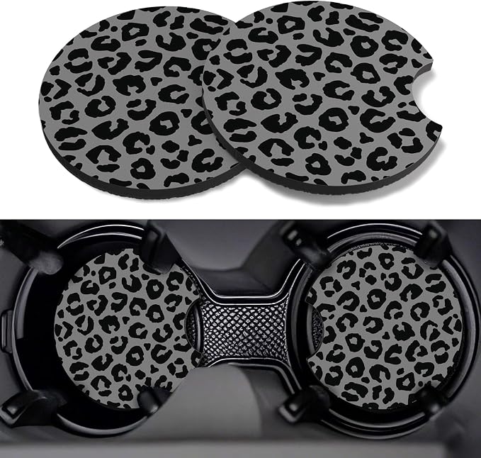 Car Cup Coasters,2 Pack Car Coaster,2.75inch Anti Slip and Absorbent Cars Coasters for Cup Holders,Neopren Accessories for Women,Cute Decor for Women (Grey Snow Leopard)