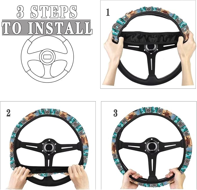 Wanyint Car Steering Wheel Cover Universal 15 Inch Steering Wheel Wrap Anti-Slip Soft Elastic Decorative Auto Accessories All Weather Protection, Aztec Running Horse Teal